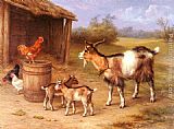 Edgar Hunt Wall Art - A Farmyard scene with goats and chickens